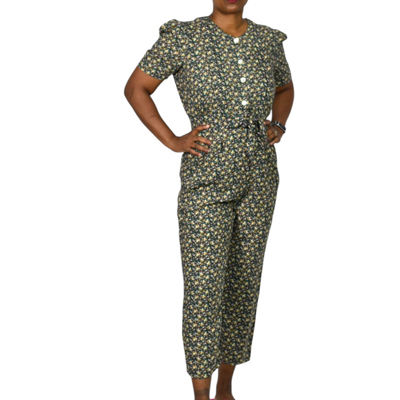 Floral Jumpsuit Vintage Black Ditsy Micro Print Calico 90s Rayon Small Petite - Picture 13 of 15